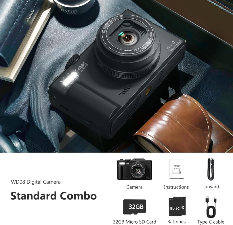 4K Digital Camera for Photography, 64MP Vlogging Camera for YouTube with 3" 180° Flip Screen, 18X Digital Zoom Point and Shoot Camara with 32GB Micro SD Card for Beginner (Black) - Image 7