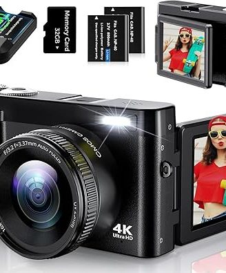 4K Digital Camera for Photography, UHD Autofocus 48MP 180° Flip Screen 16X Zoom Compact Point Shoot Vlogging Camera for YouTube with 2 Batteries, 32GB Card (Black)
